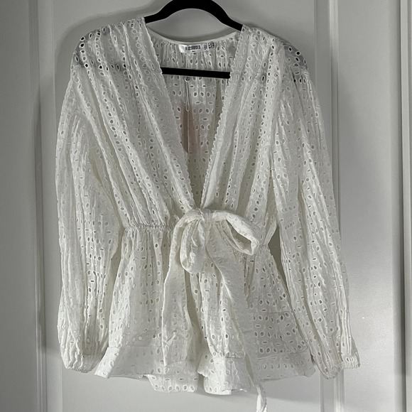 Missguided Blouse Womens 8 Tall Broderie Plunge Flip Hem Long Sleeve Tie Waist - Picture 1 of 10
